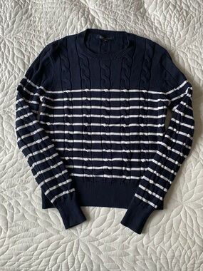 Books Brothers Navy and White Stripe Cable-Knit Crewneck Sweater